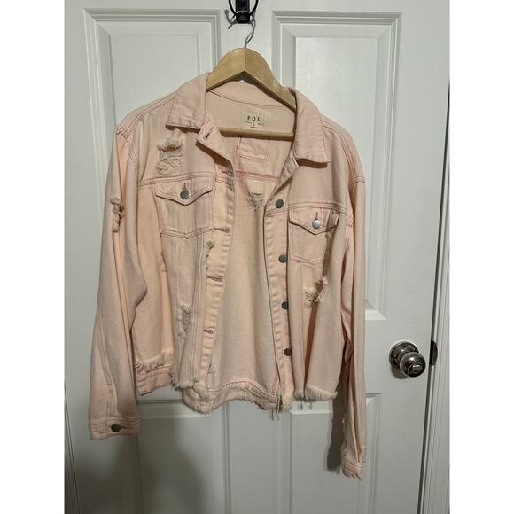 POL Light Pink Distressed Denim Jacket Large - NWOT - Picture 1 of 2